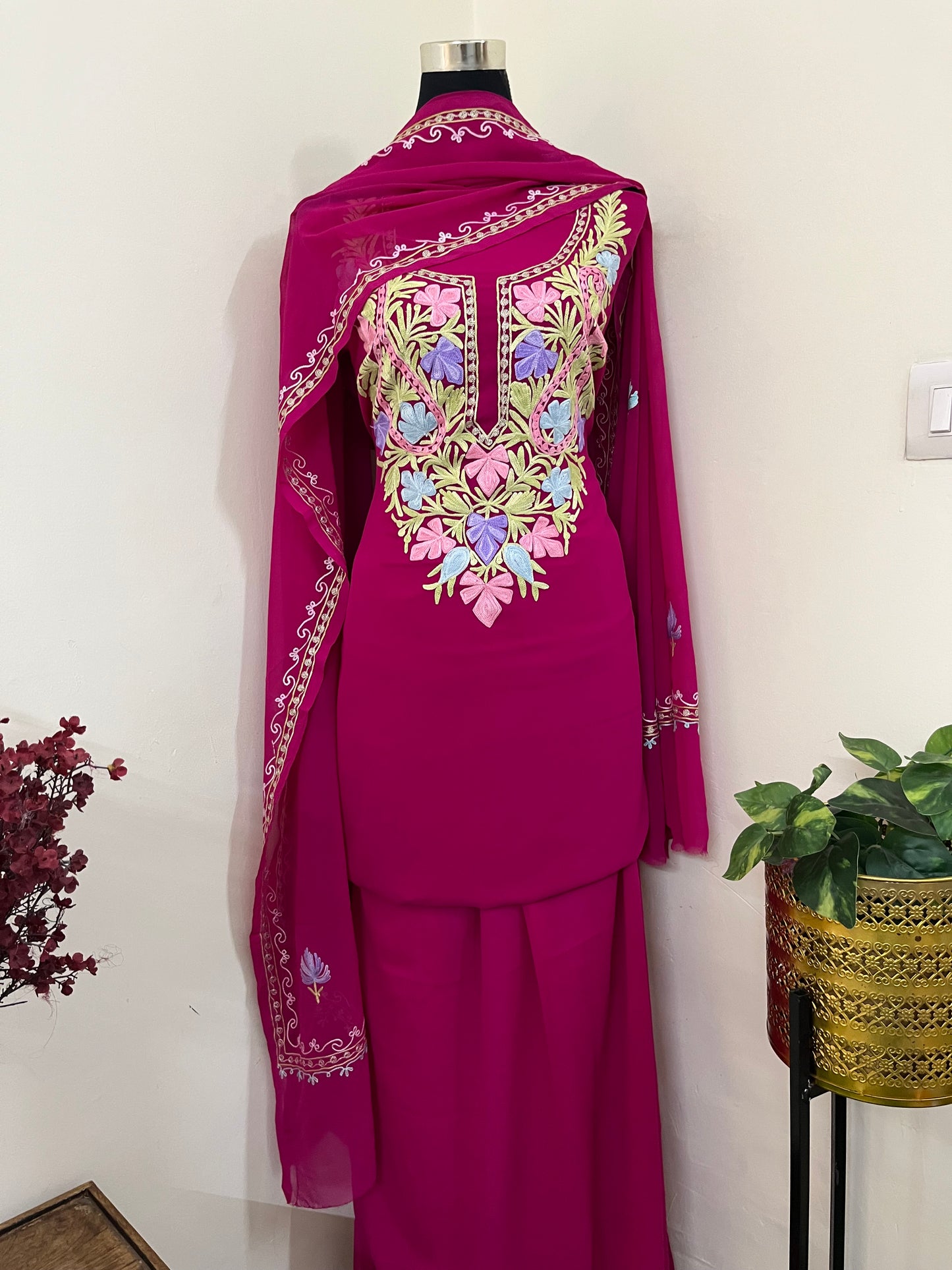 Hot Pink Georgette 3 Pc Aari Embroidered Suit Set