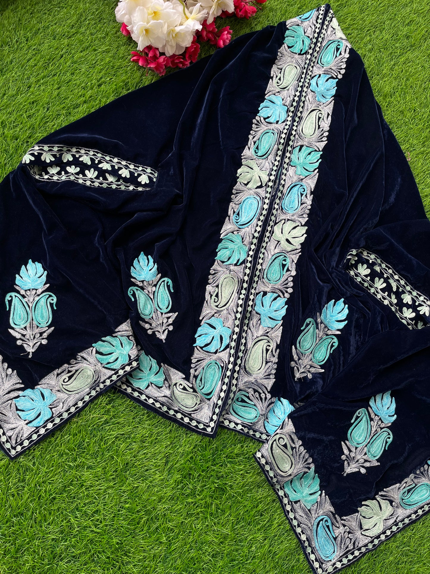 Blue Aari Embroidered Velvet Cape