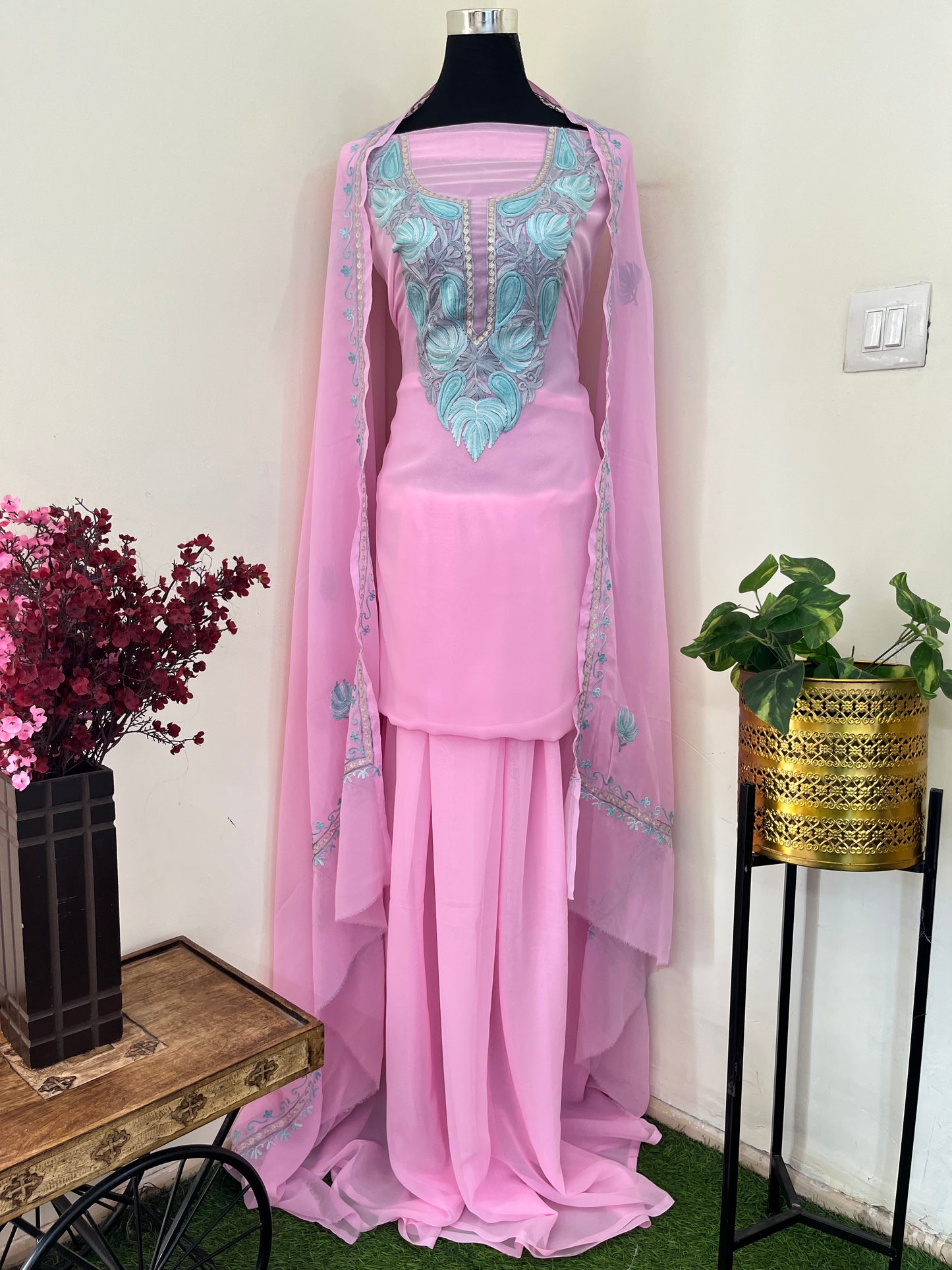 Soft Pink Georgette 3 Pc Aari Embroidered Suit Set