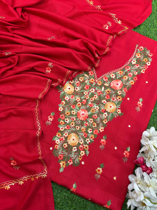 Red Woollen Aari Embroidered 3pc suit