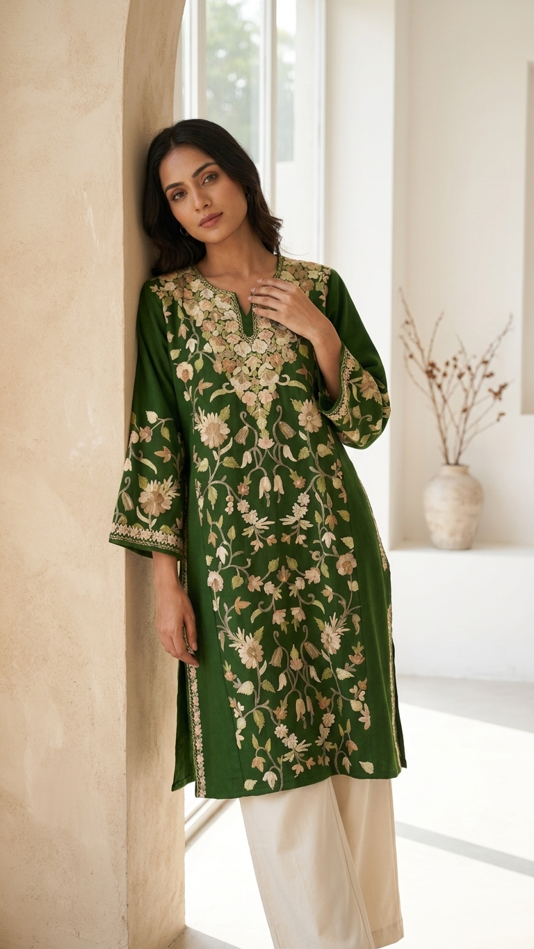 Heena Green Aari Embroidered Wool Pheran