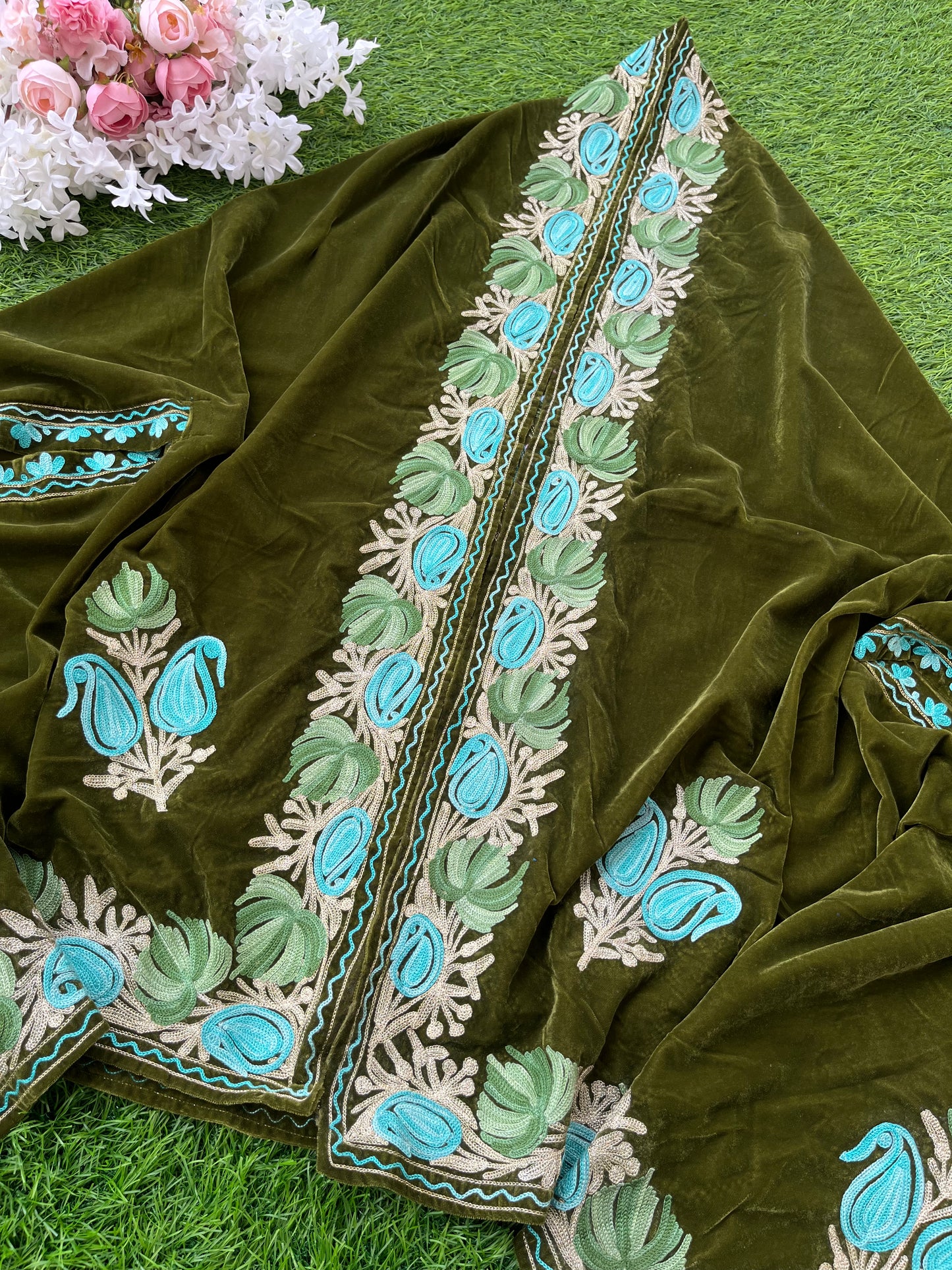 Henna Green Aari Embroidered Velvet Cape