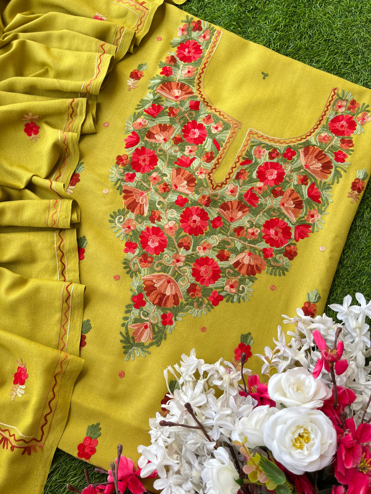 Lemon Green Woollen Aari Embroidered 3pc suit