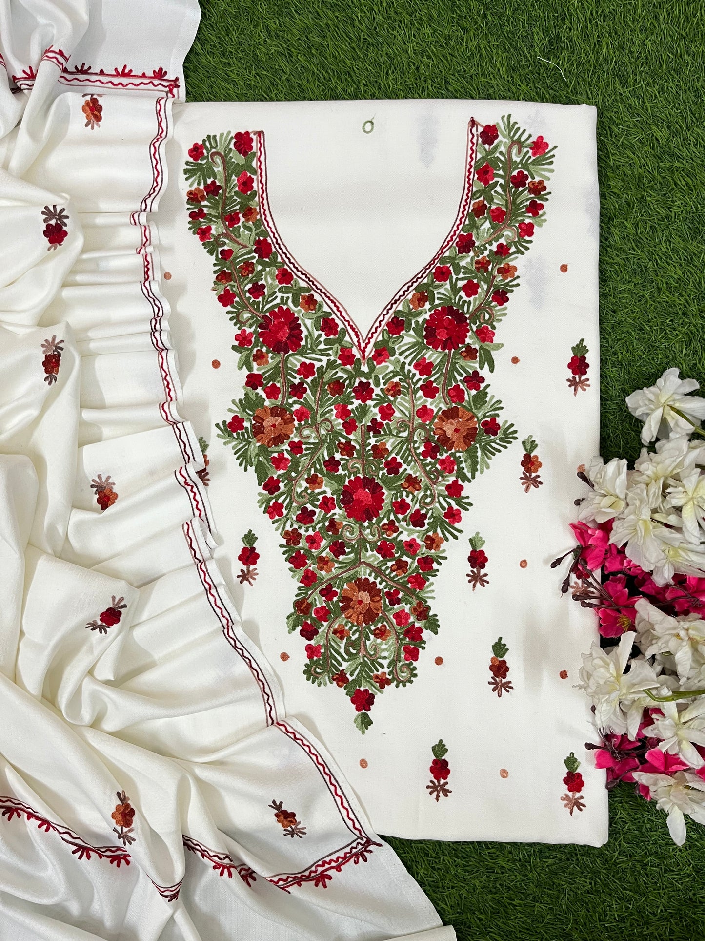 Off White Woollen Aari Embroidered 3pc suit