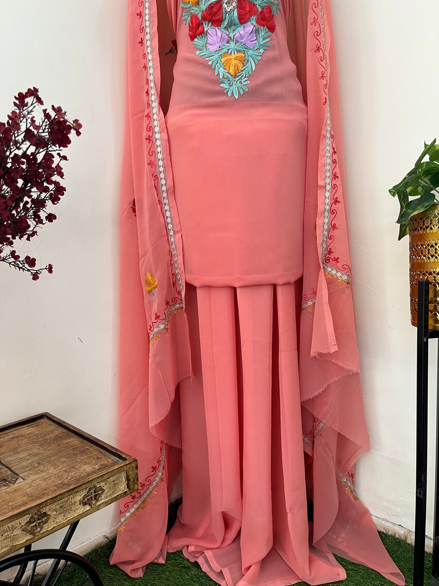 Pink Georgette 3 Pc Aari Embroidered Suit Set