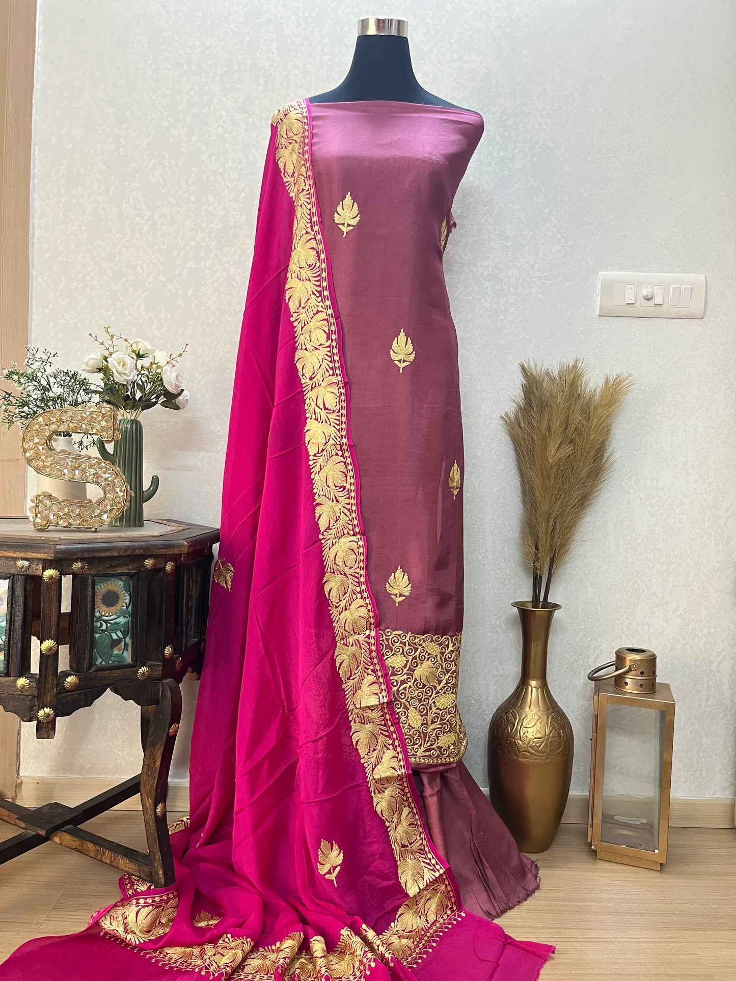 ‘Kalaa’ Onion Pink Opada Silk Tilla Embroidered Suit material