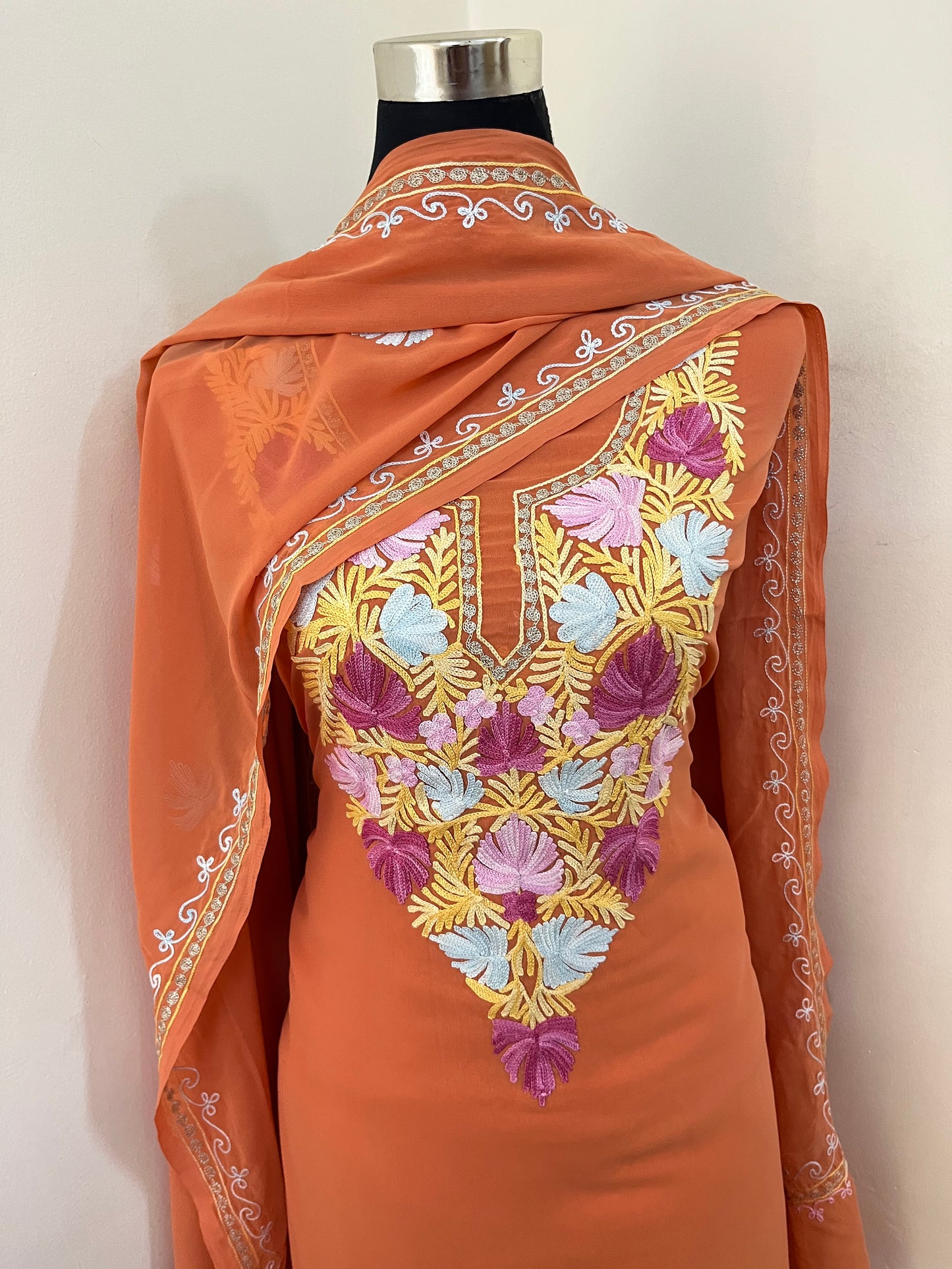 Soft Orange Georgette 3 Pc Aari Embroidered Suit Set