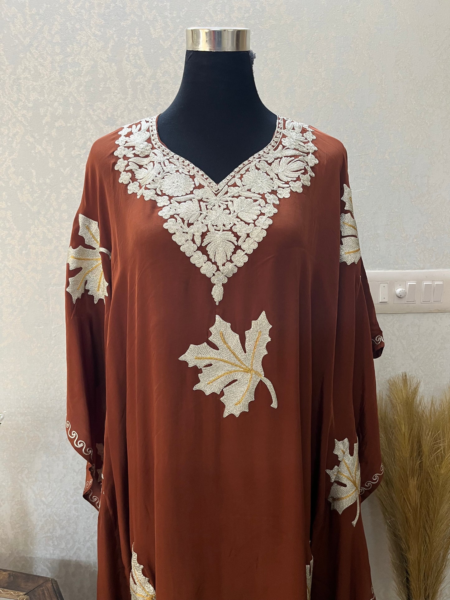 Brown Crape Kashmiri Kaftan Set