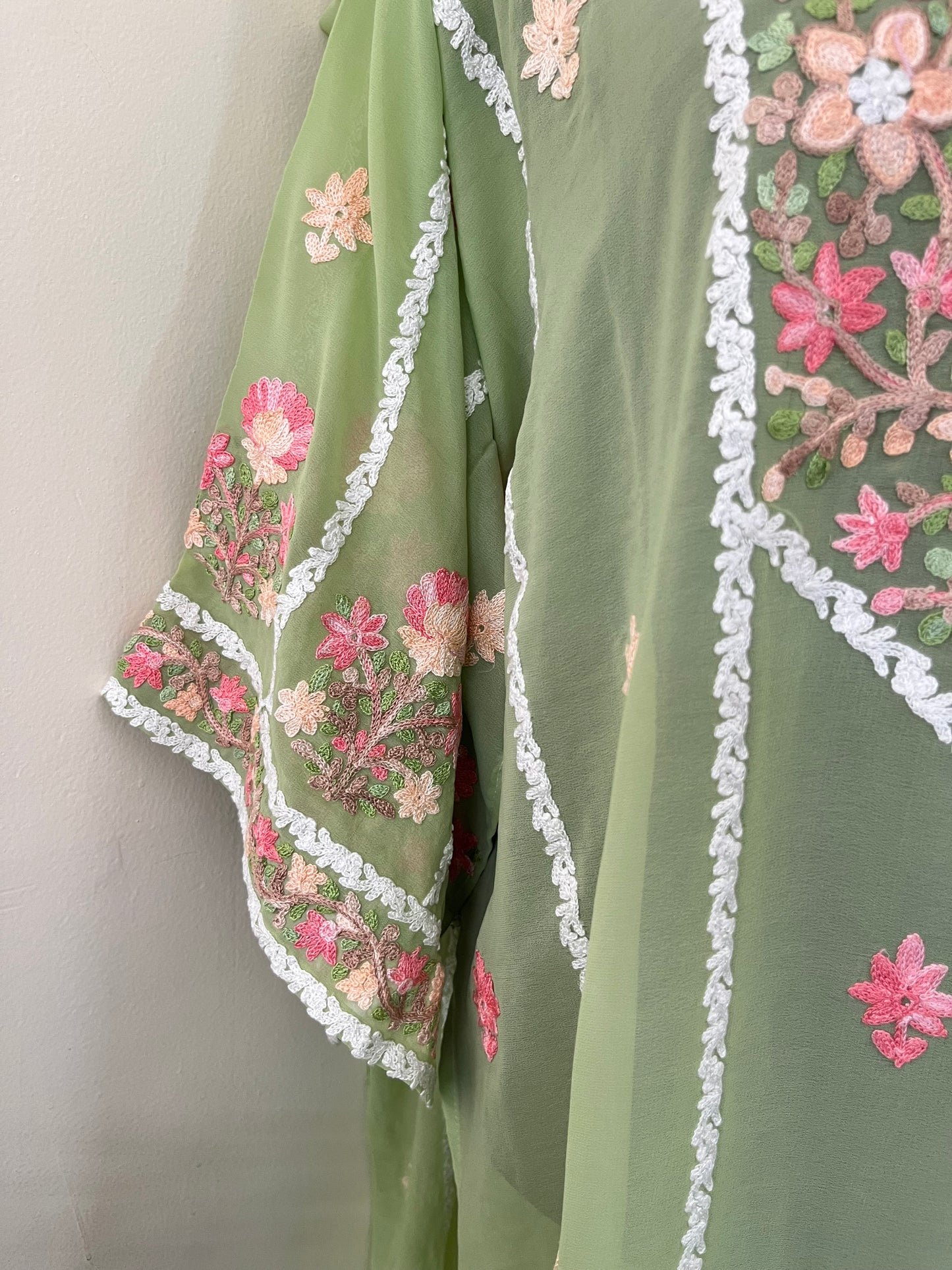 Tea Green Georgette All over Work Aari Embroidered Unstitched Kurta