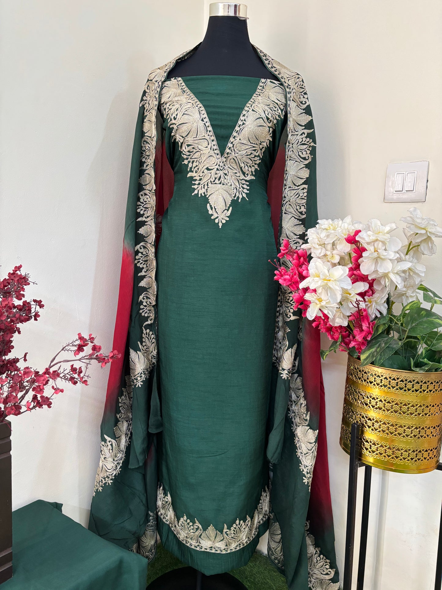 Sanam Bottle Green Silk Kashmiri Suit