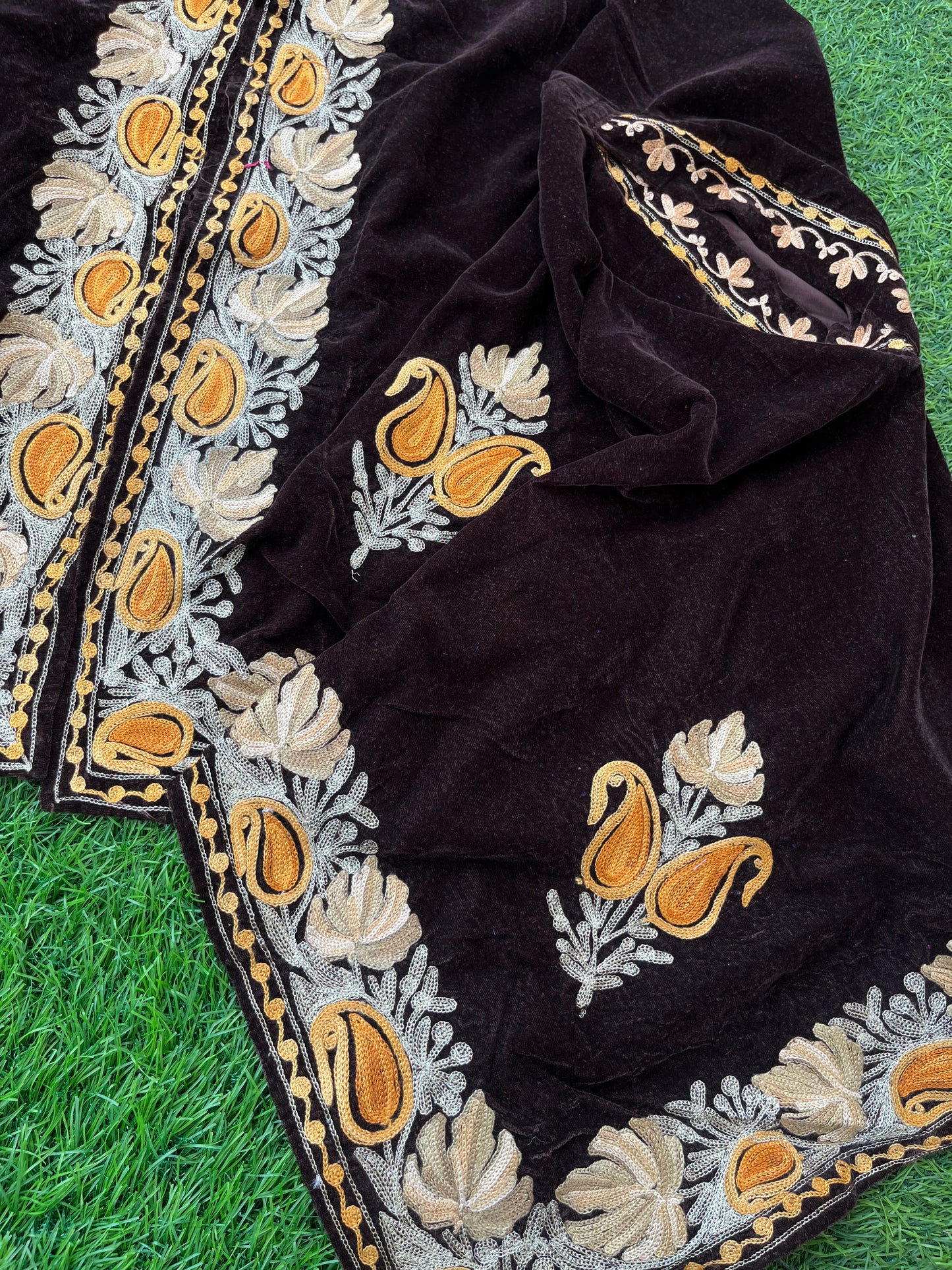 Brown Aari Embroidered Velvet Cape