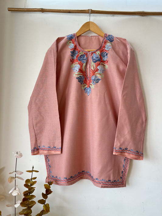 Soft Pink Cotton Aari Work Kurta