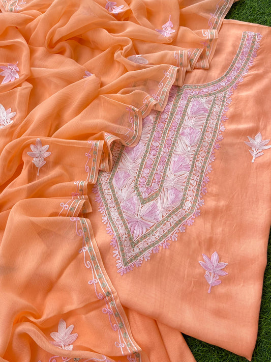 Peach Muslin Cotton Aari Embroidered 3pc set