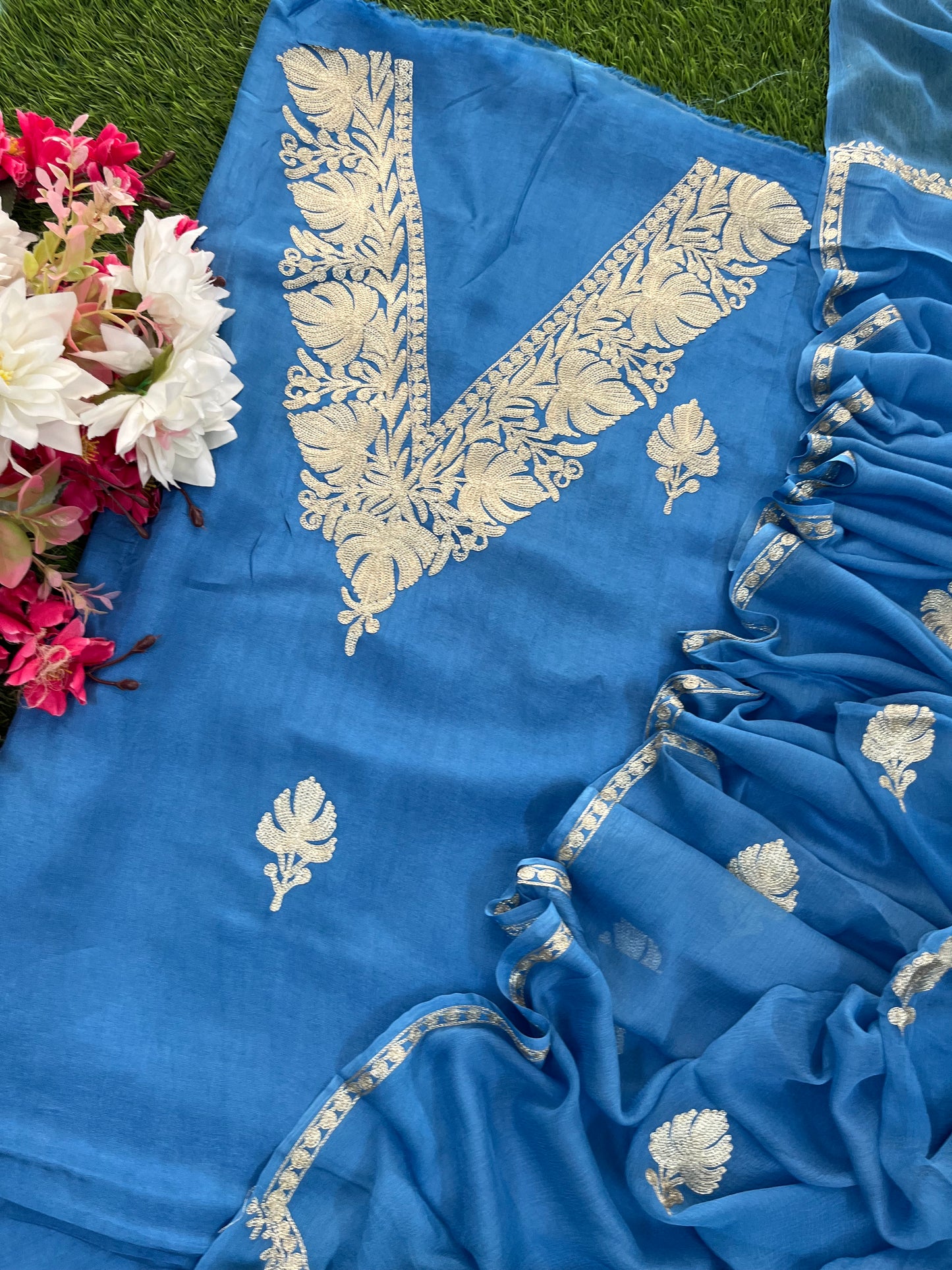 Indigo Blue Silk Tilla Kashmiri Suit