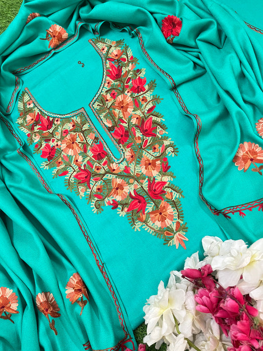 Sea Green Woollen Aari Embroidered 3pc suit