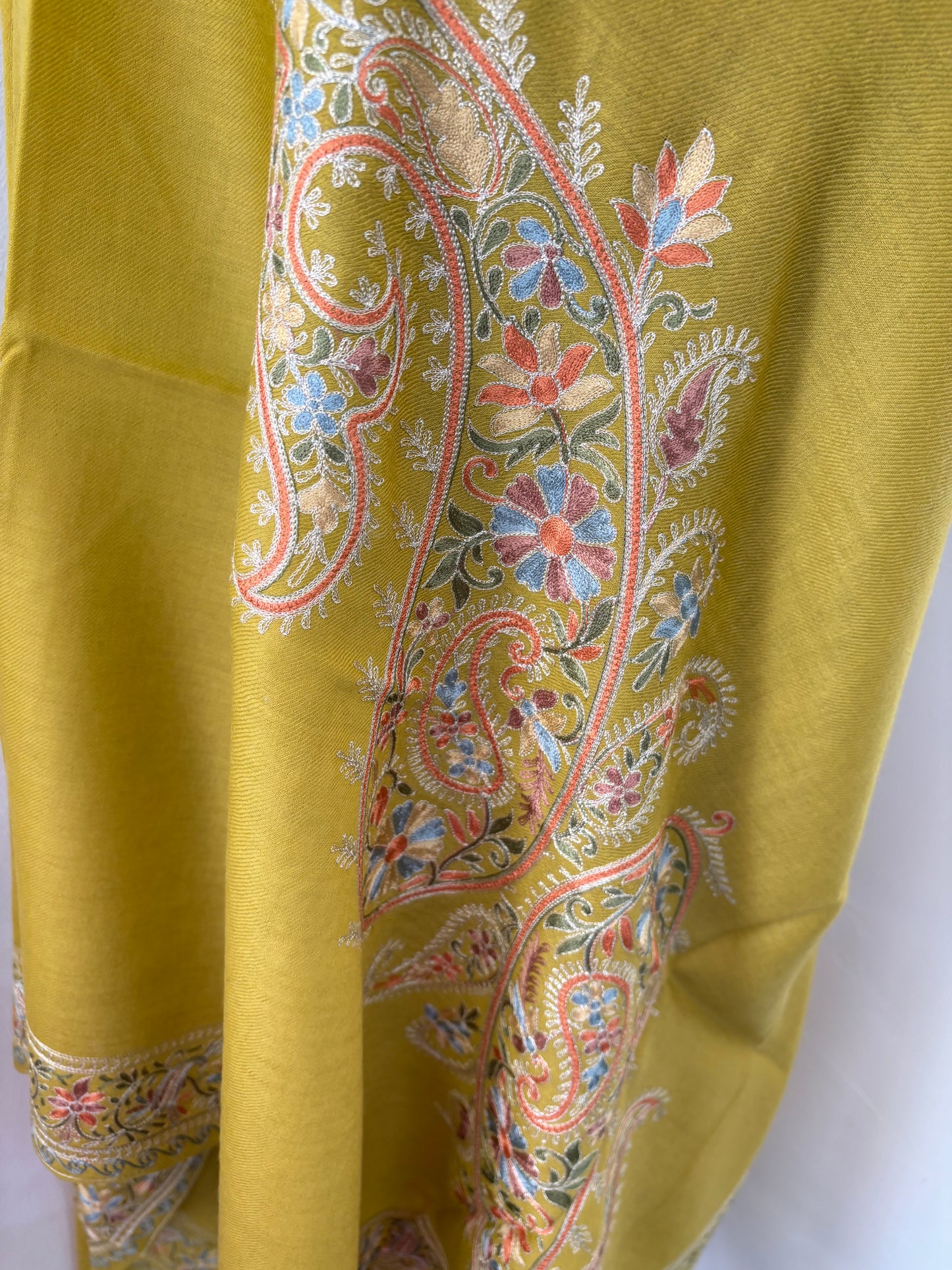 Lime Green Silk Thread Ambi Aangan Embroidered Fine Semi Pashmina stole