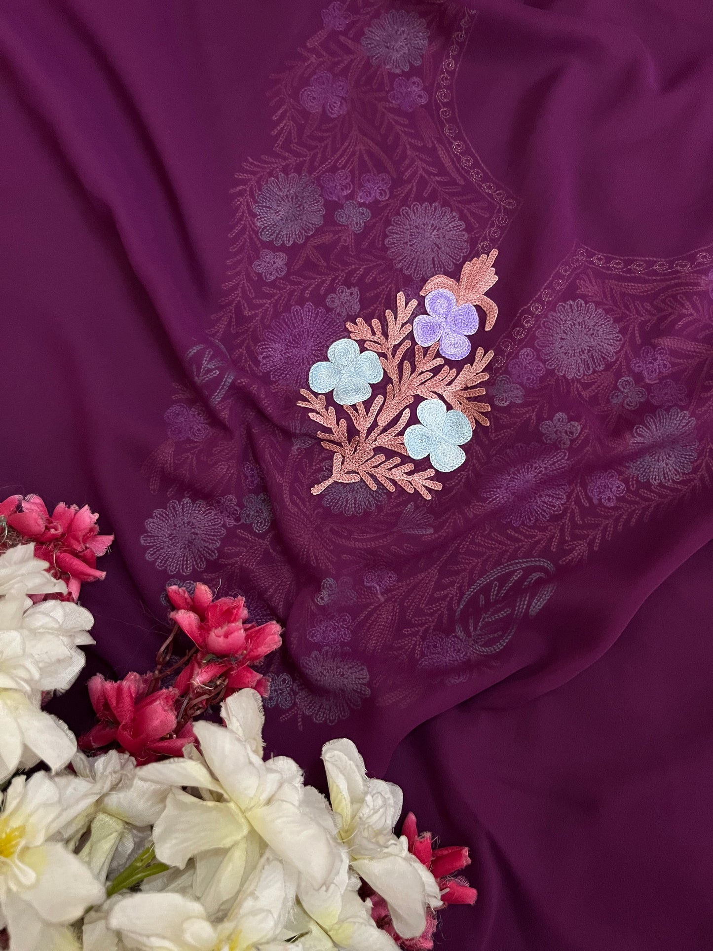 Wine Georgette 3 Pc Aari Embroidered Suit Set