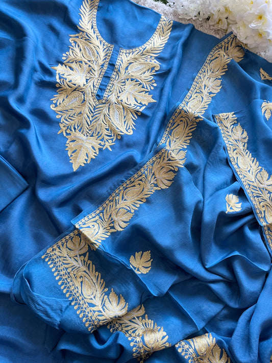 ‘Kalaa’ Indigo Blue Opada Silk Tilla Embroidered Suit material (on Order)