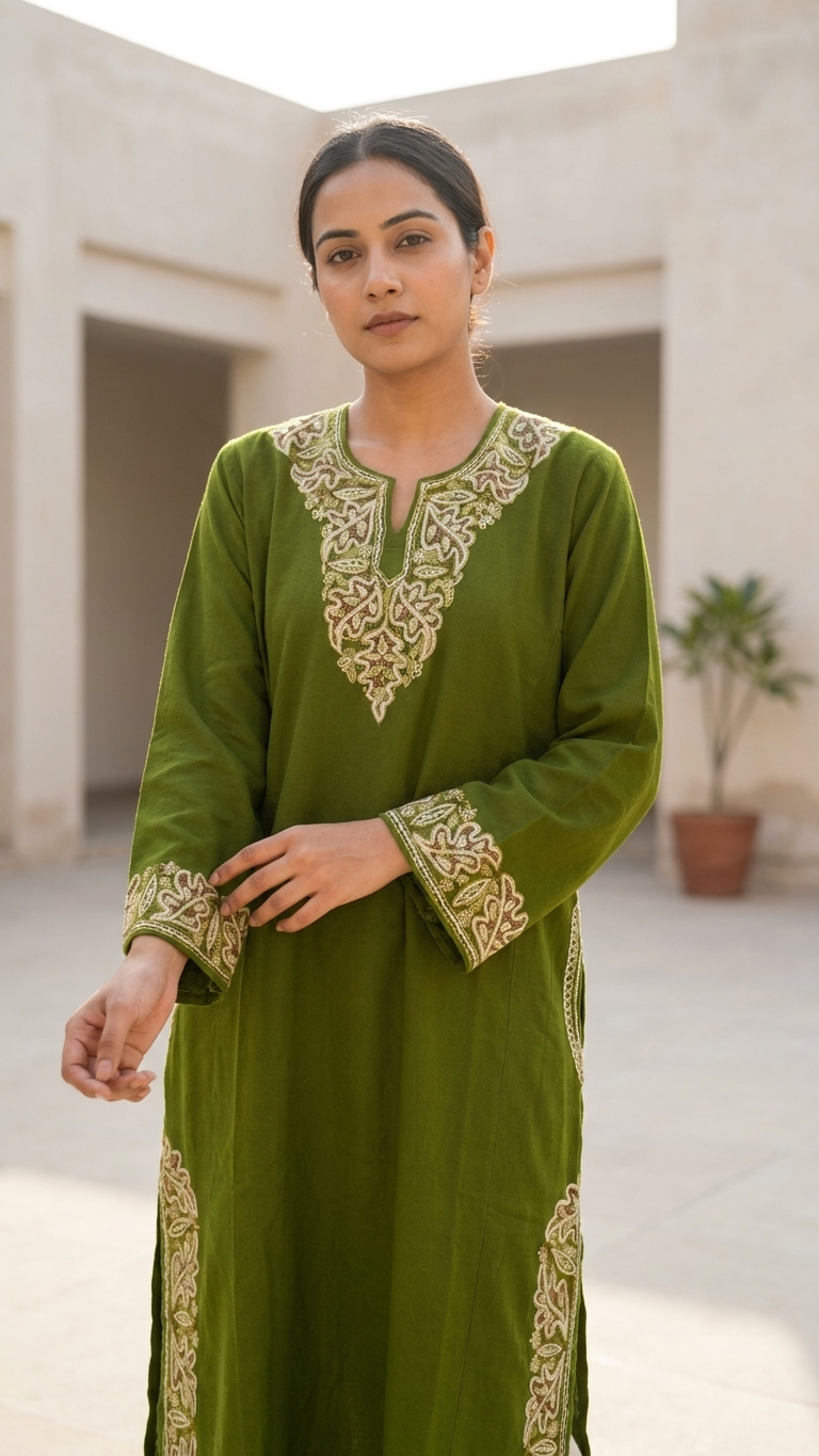Green Aari and Sozni Hand Embroidered Pure Wool Pheran
