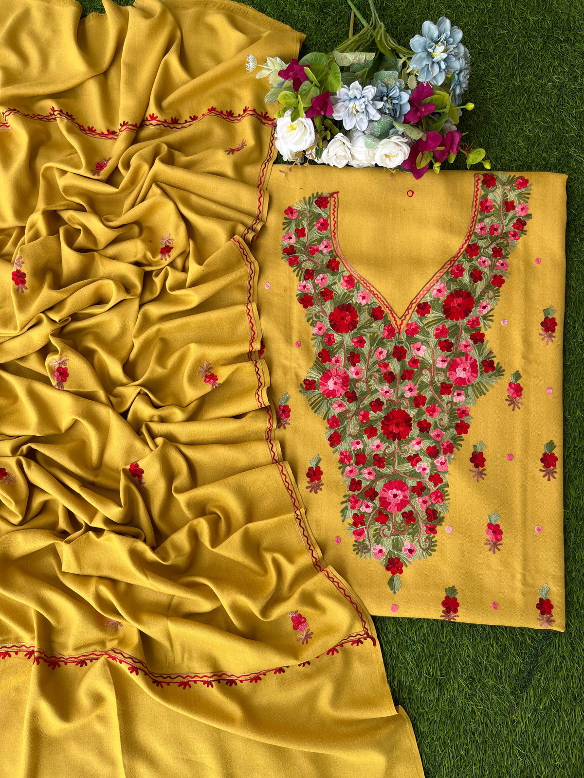 Yellow Woollen Aari Embroidered 3pc suit