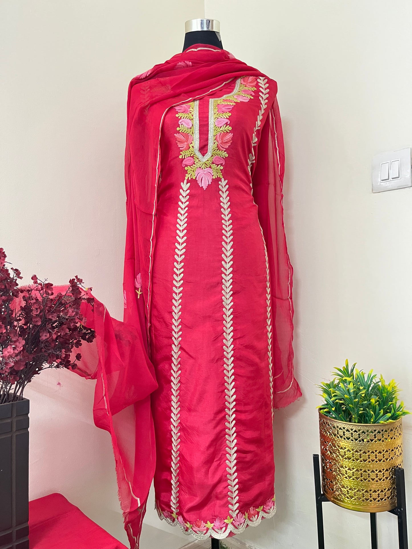 Sanam’ Coral Red Silk Aari Embroidered Suit material