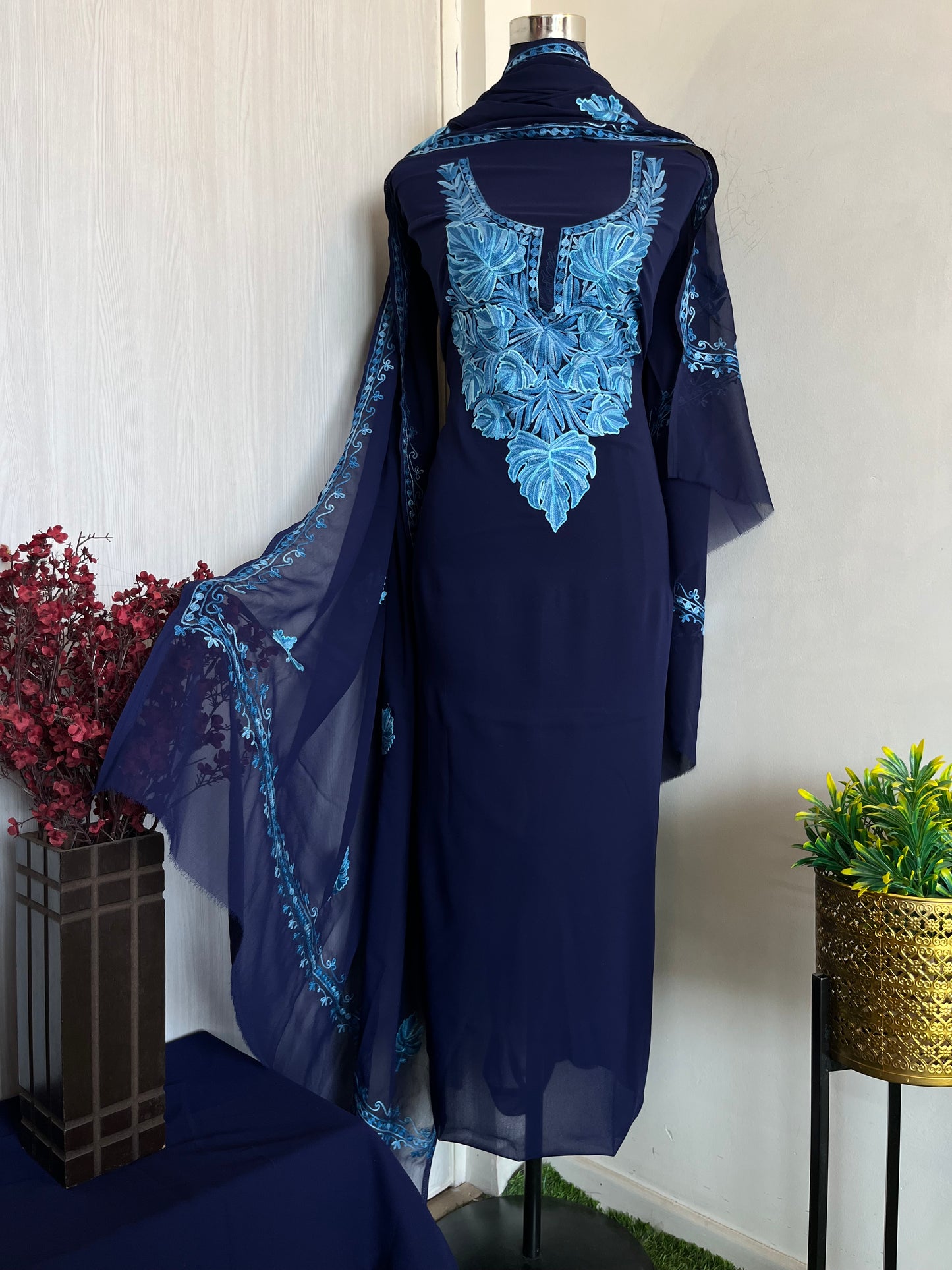 Georgette Blue 3 Pc Aari Embroidered Suit Set