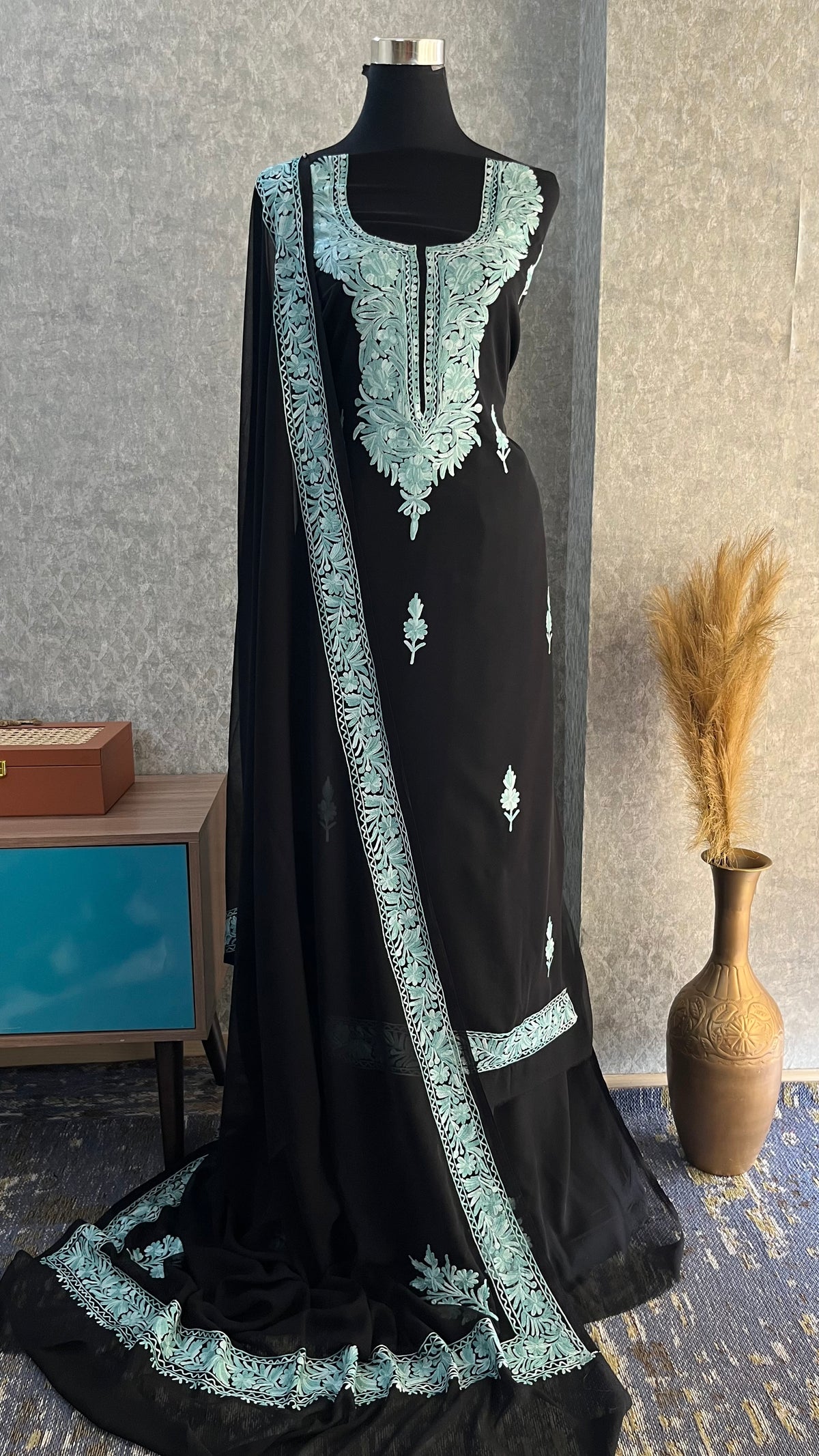 Georgette Black 3 Pc Kashmiri Suit