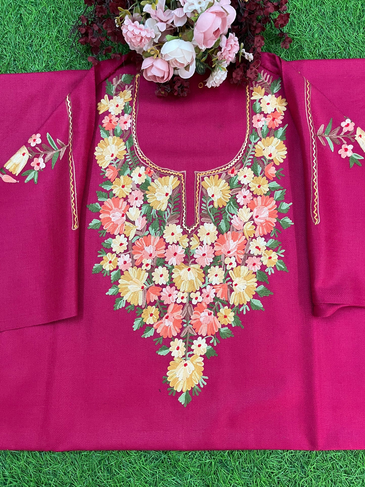 Hot Pink Woollen Aari Embroidered 2pc suit 5mtr