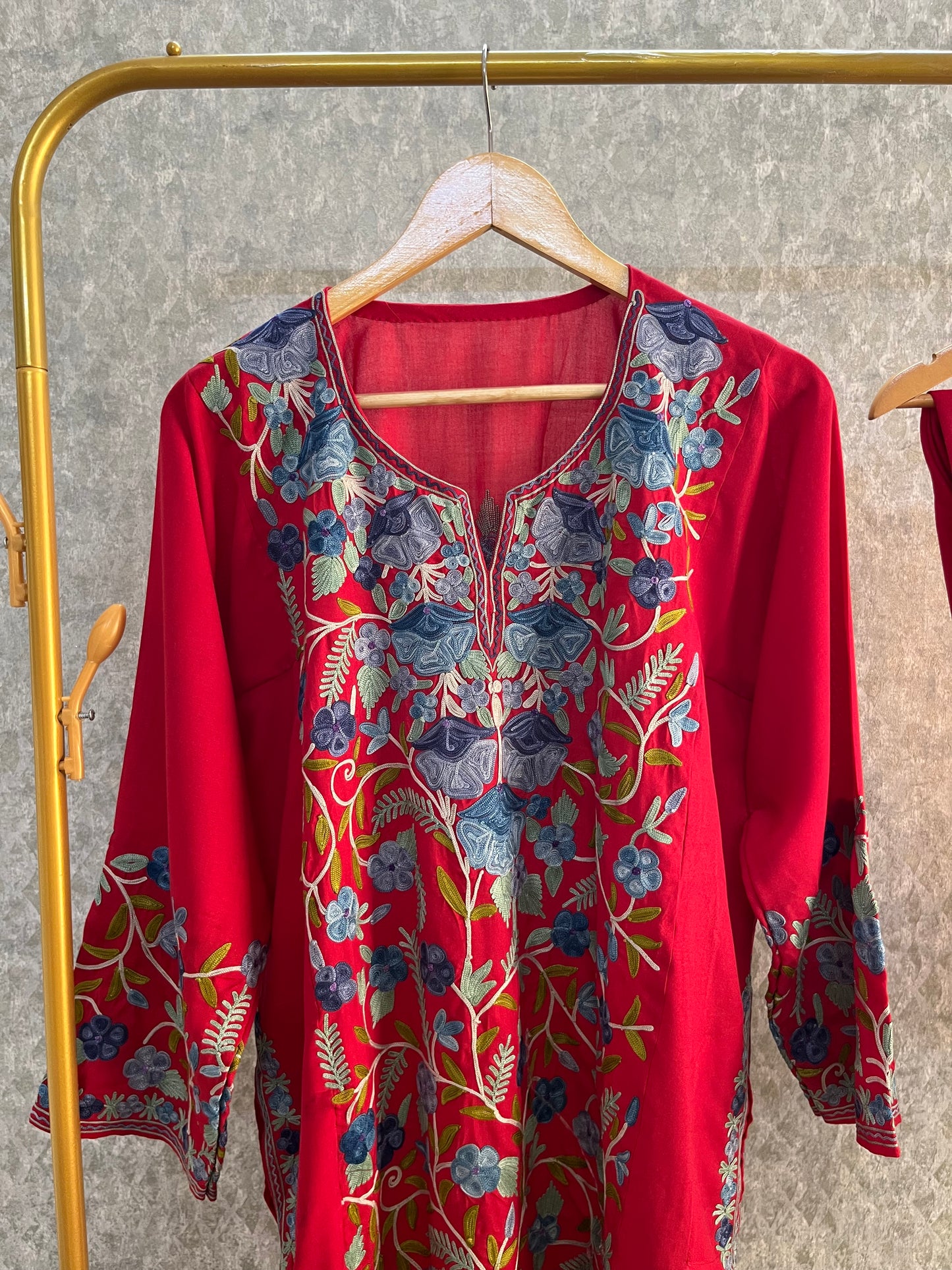 Red Cotton Front Jaal Pheran Set Size (44)