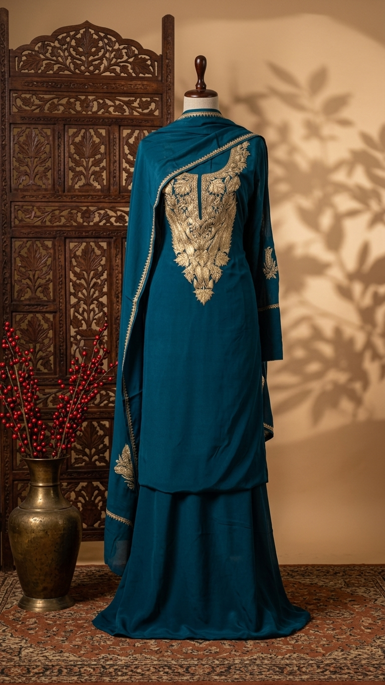 Peacock Blue Crape Kashmiri Suit