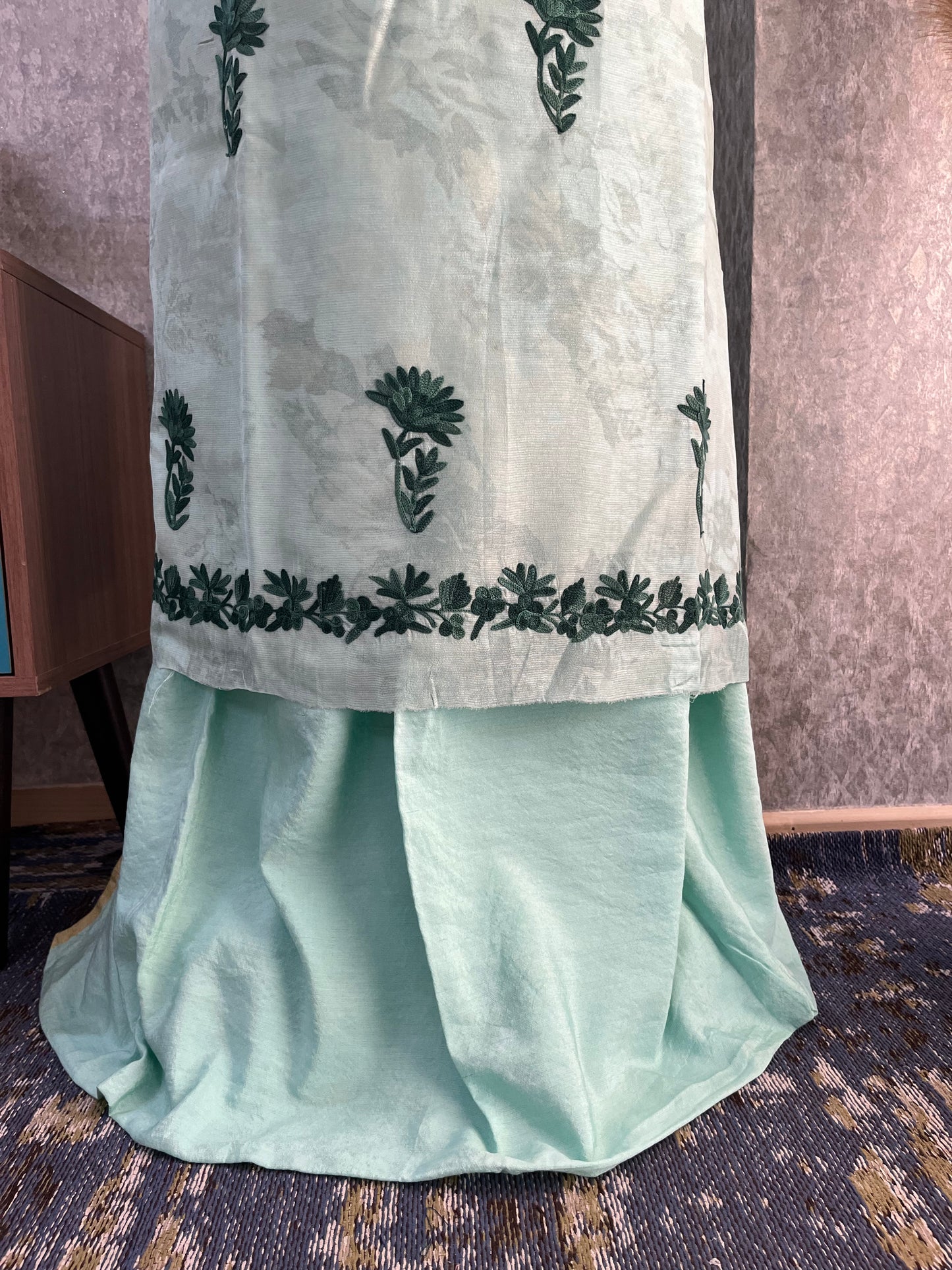 Mint Green Self Work Satin Cotton Unstitched Co-ord Set