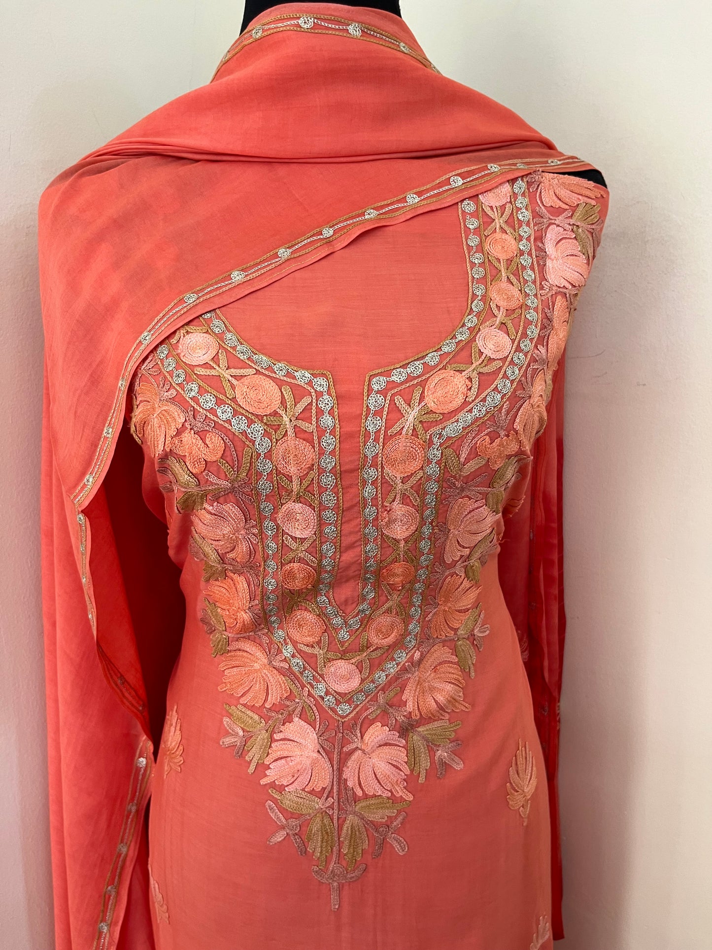 Orange Mul Cotton Shibori Work Kashmiri 3pc Suit