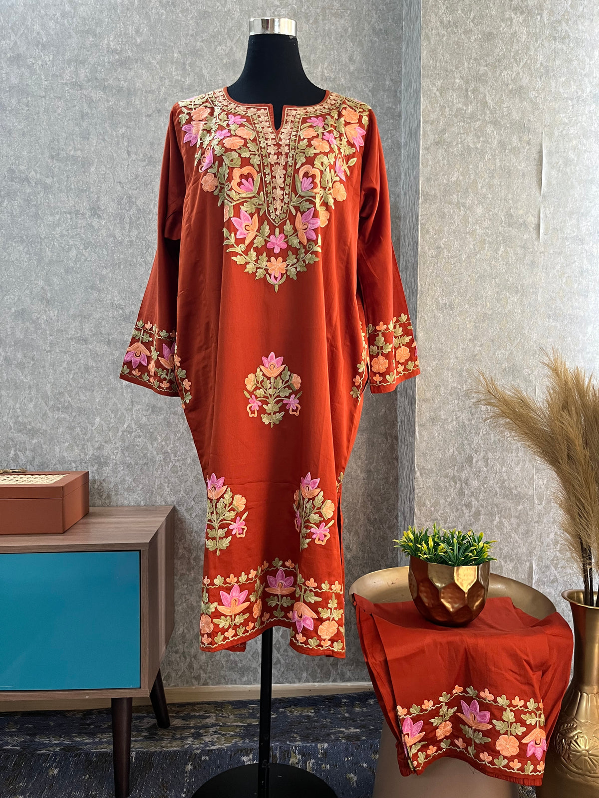 Brick Cotton Front Jaal Pheran Set  Size(44)