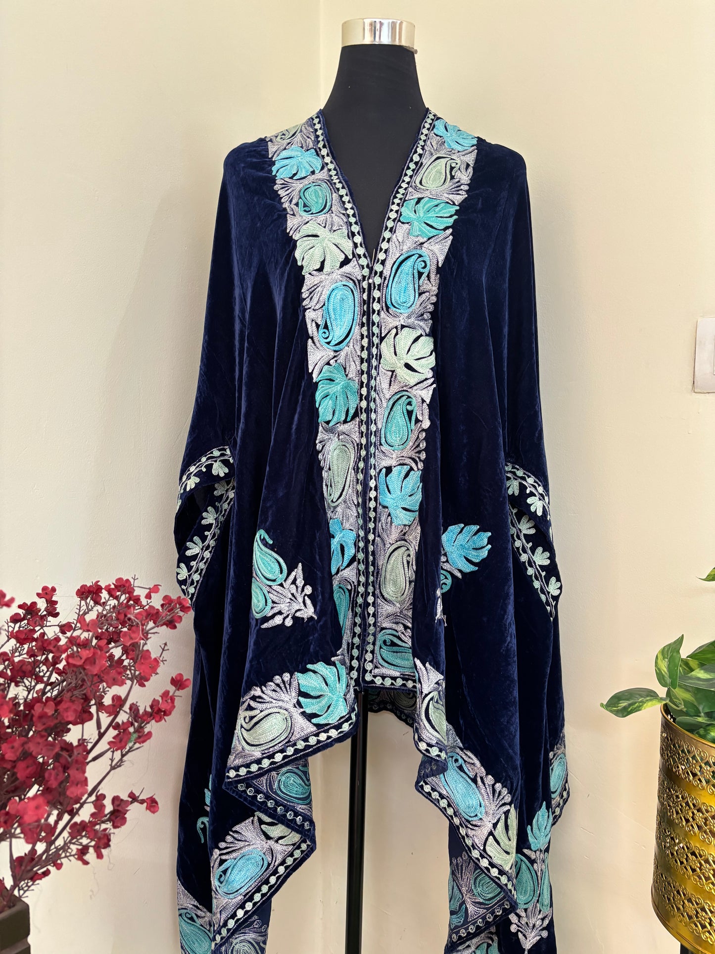 Blue Aari Embroidered Velvet Cape