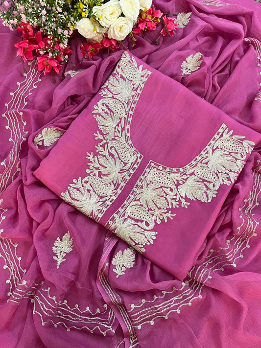 Rose Pink Silk Tilla Kashmiri Suit