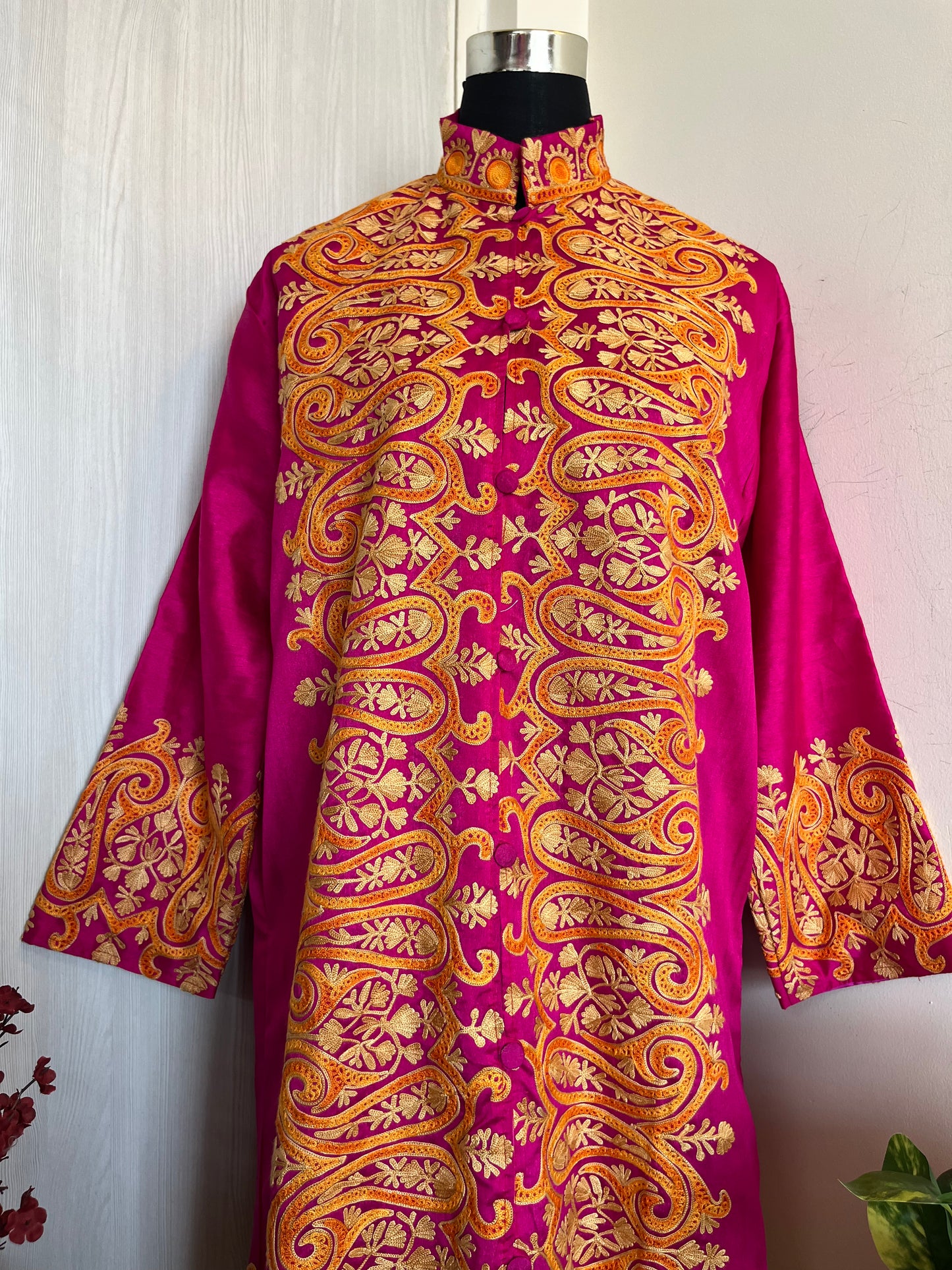 Hot Pink Aari  Embroidered Silk Jacket XL/XXL