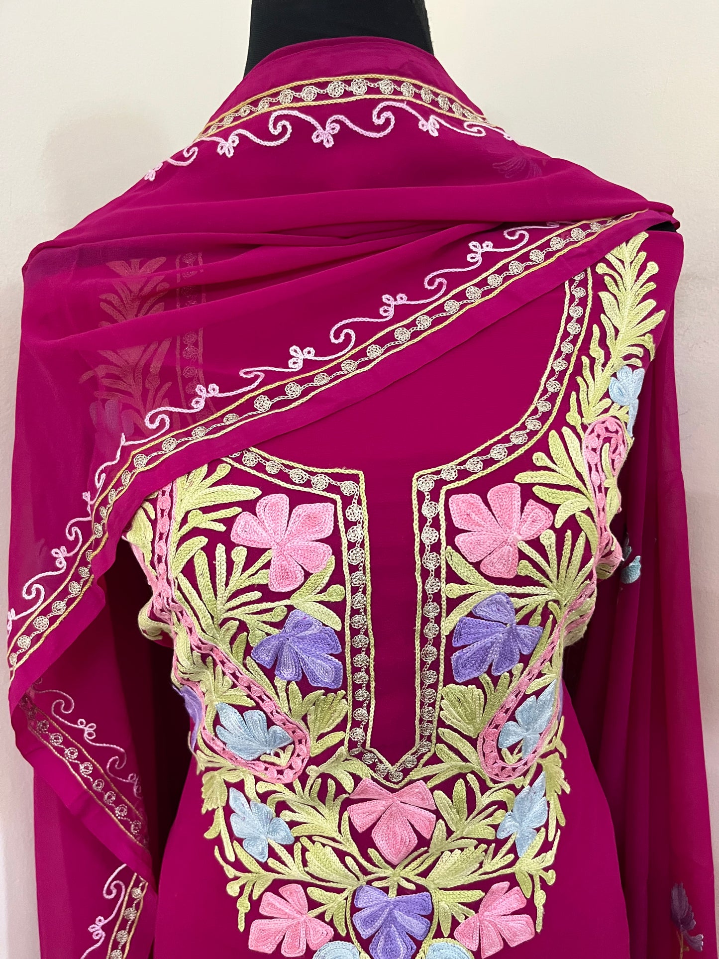 Hot Pink Georgette 3 Pc Aari Embroidered Suit Set
