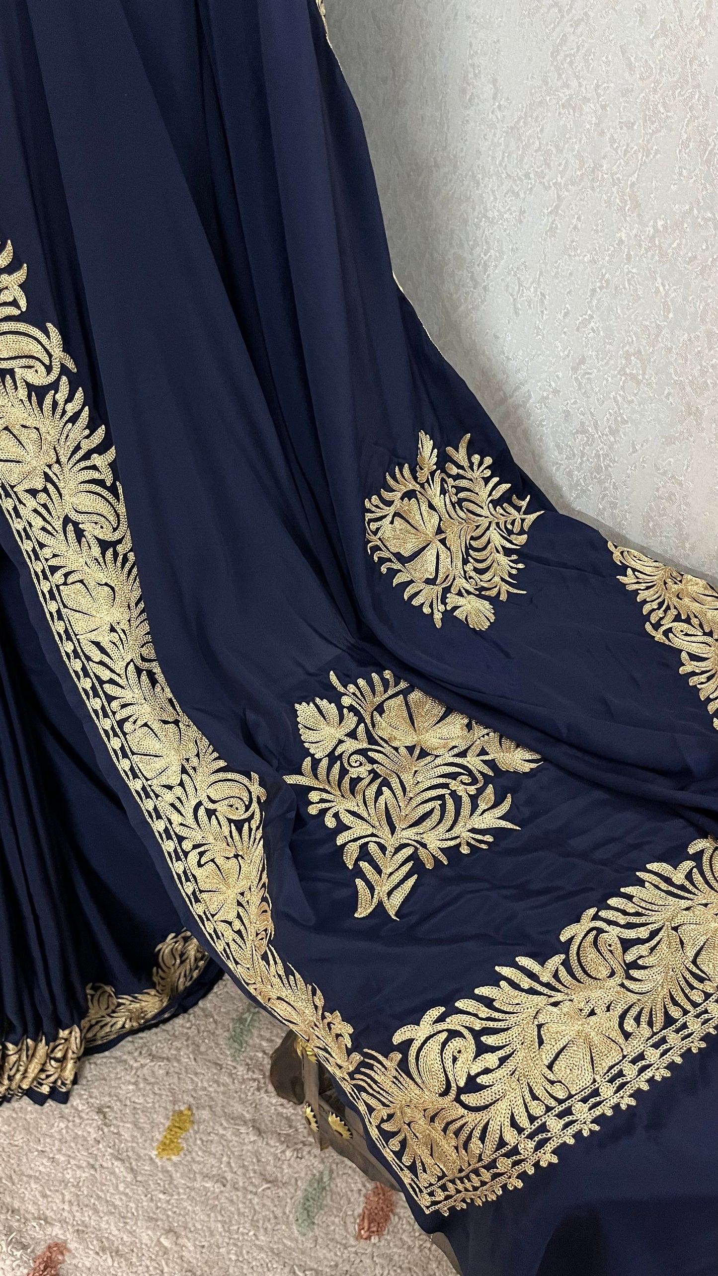 Navy Blue Crape Kashmiri Tilla Saree
