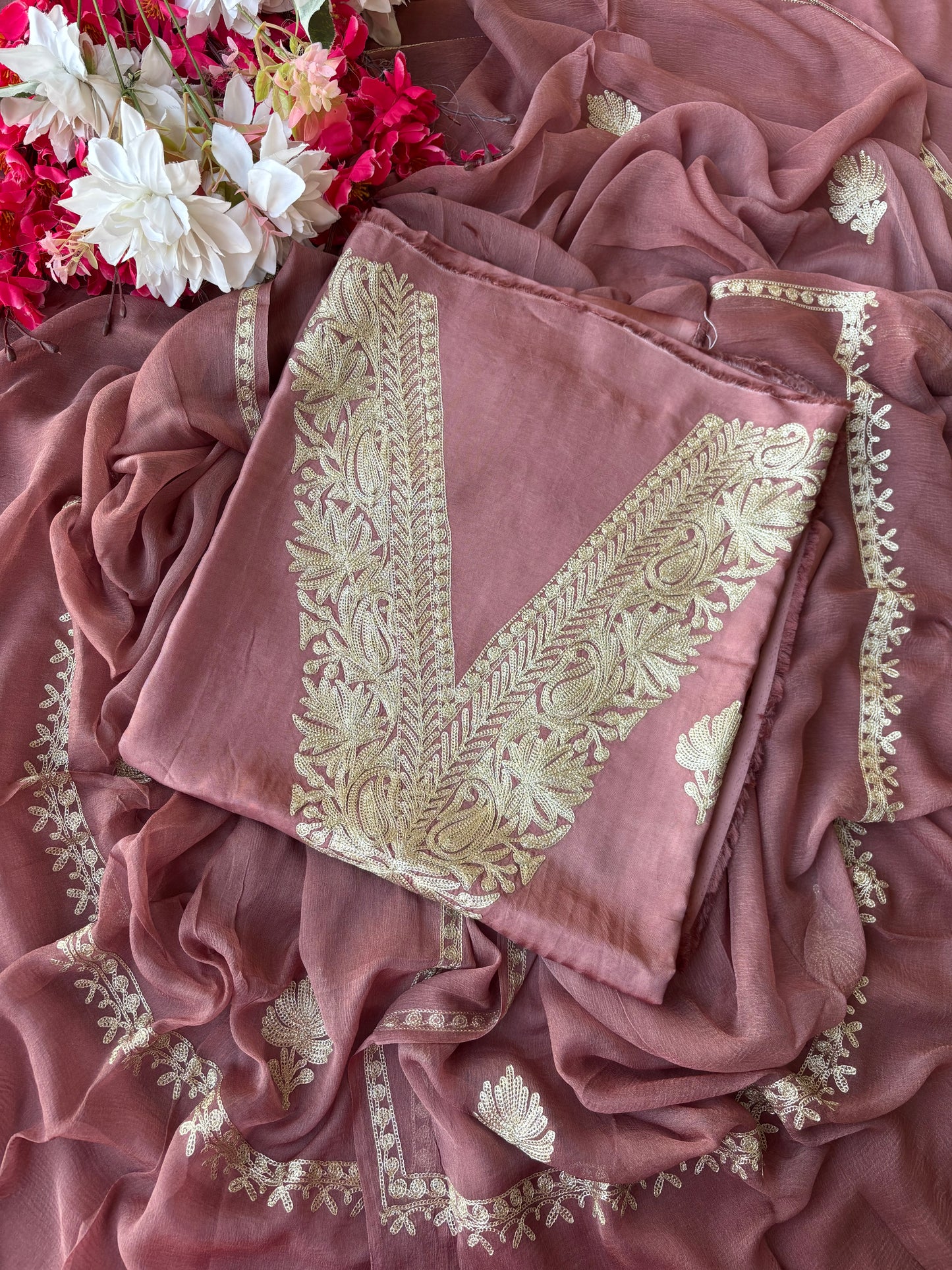 Onion Pink Sanam’ Silk Tilla Kashmiri Suit