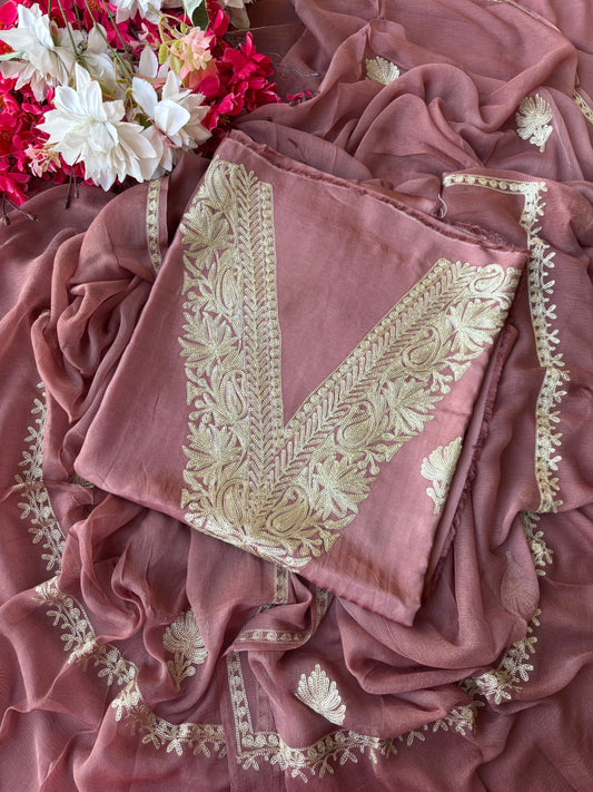 Onion Pink Sanam’ Silk Tilla Kashmiri Suit
