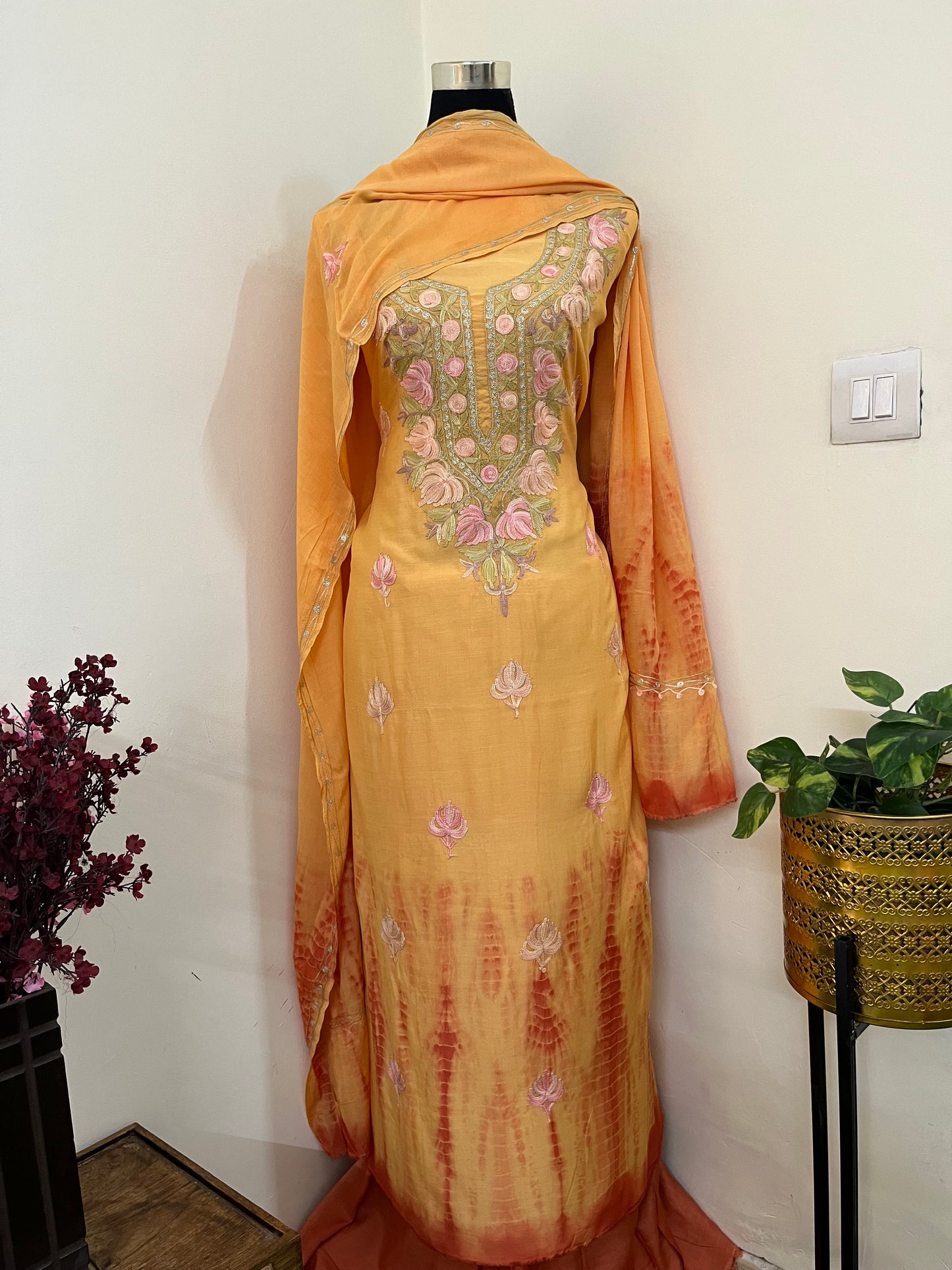 Soft Orange Mul Cotton Shibori Work Kashmiri 3pc Suit