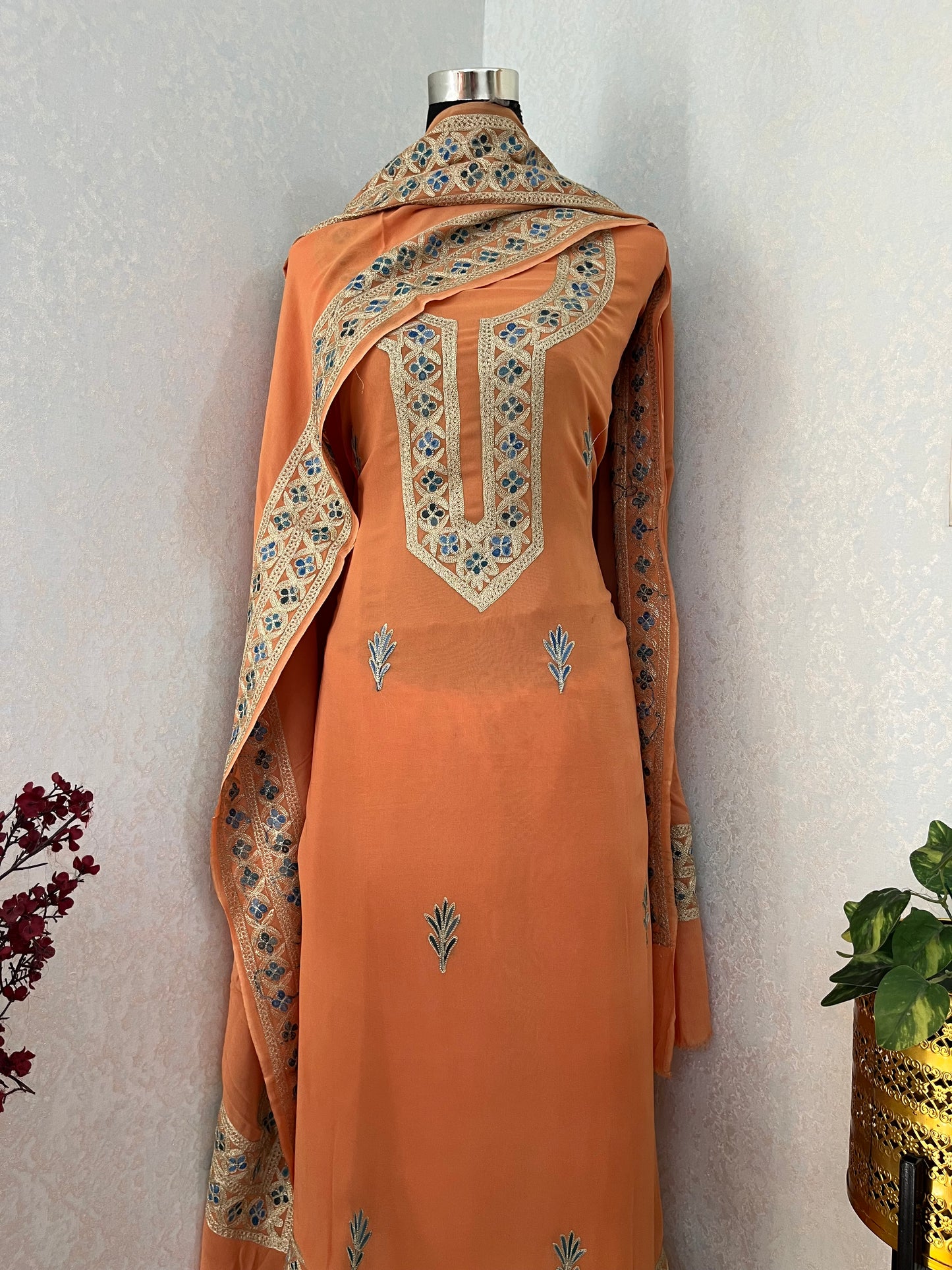 Peach Pure Georgette 3Pc Kashmiri Embroidered Suit
