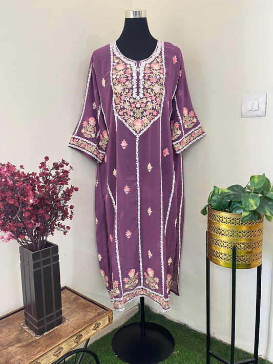 Lilac Georgette All over Work Aari Embroidered Unstitched Kurta