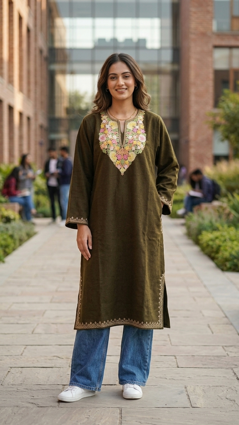 Army Green Aari Embroidered Wool Pheran