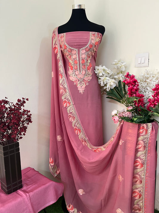 Onion Pink Pure Georgette Kashmiri Suit