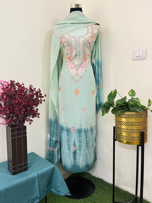 Tea Green Mul Cotton Shibori Work Kashmiri 3pc Suit
