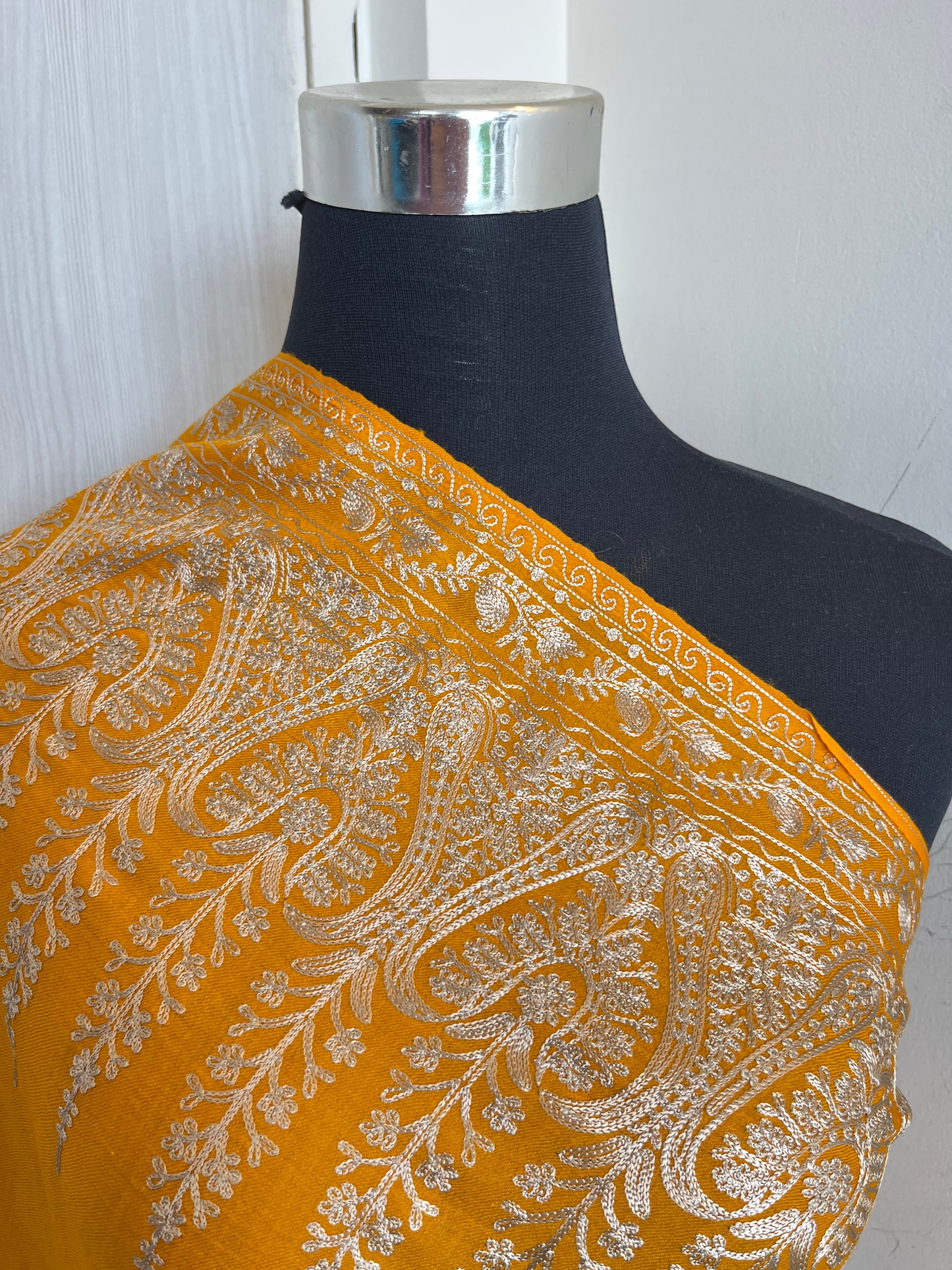 Mustard Black Silk Thread Embroidered Fine Semi Pashmina stole