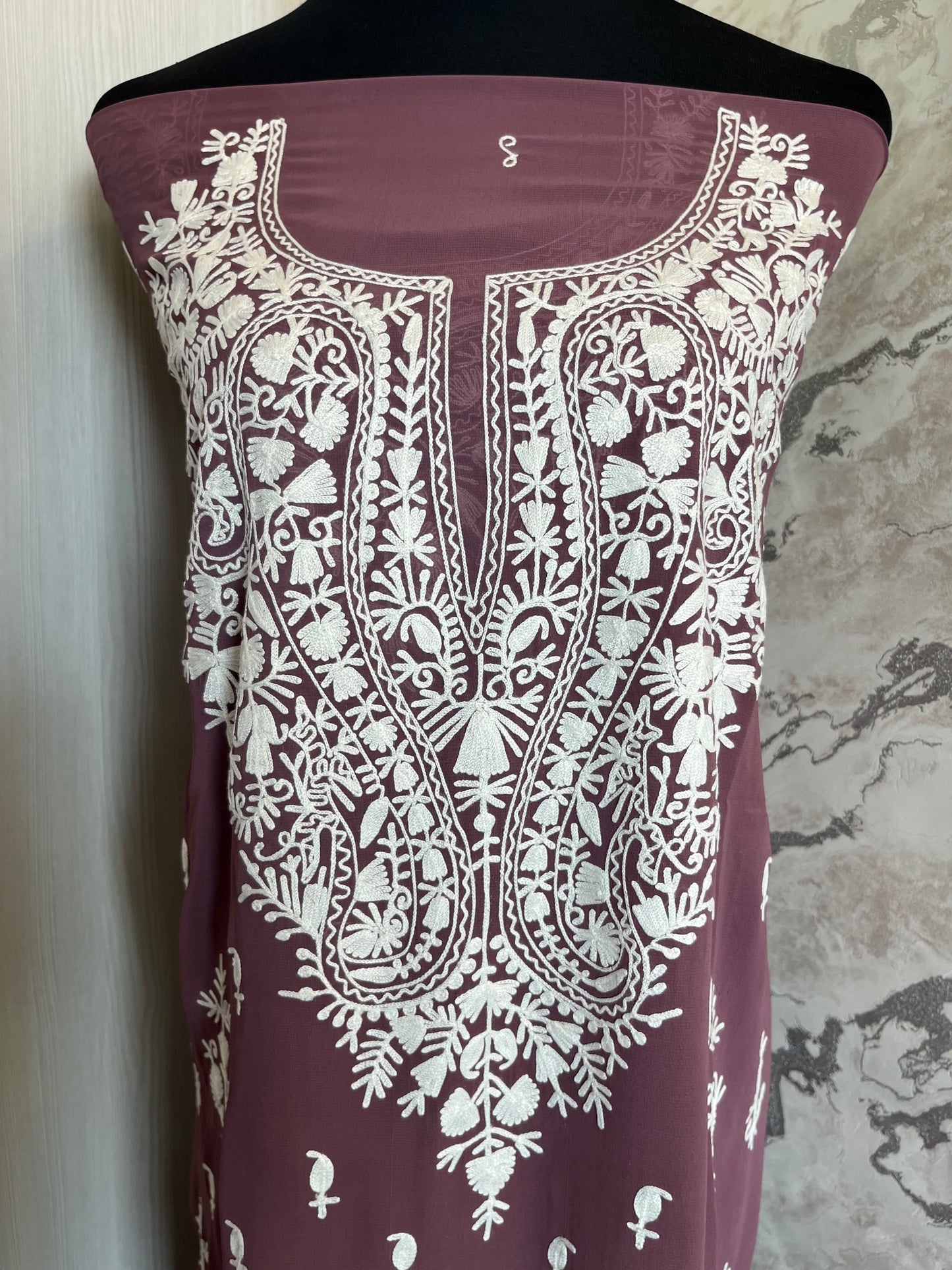 Georgette Blackish Purple All over Work Aari Embroidered Unstitched Kurta Material