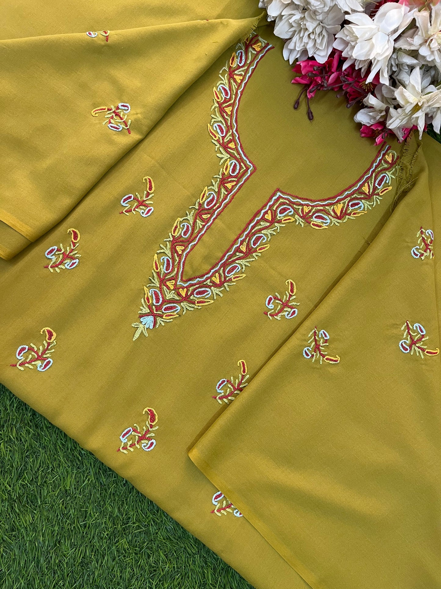 Lime Green Cotton Two Piece Suit (Hand Embroidered)