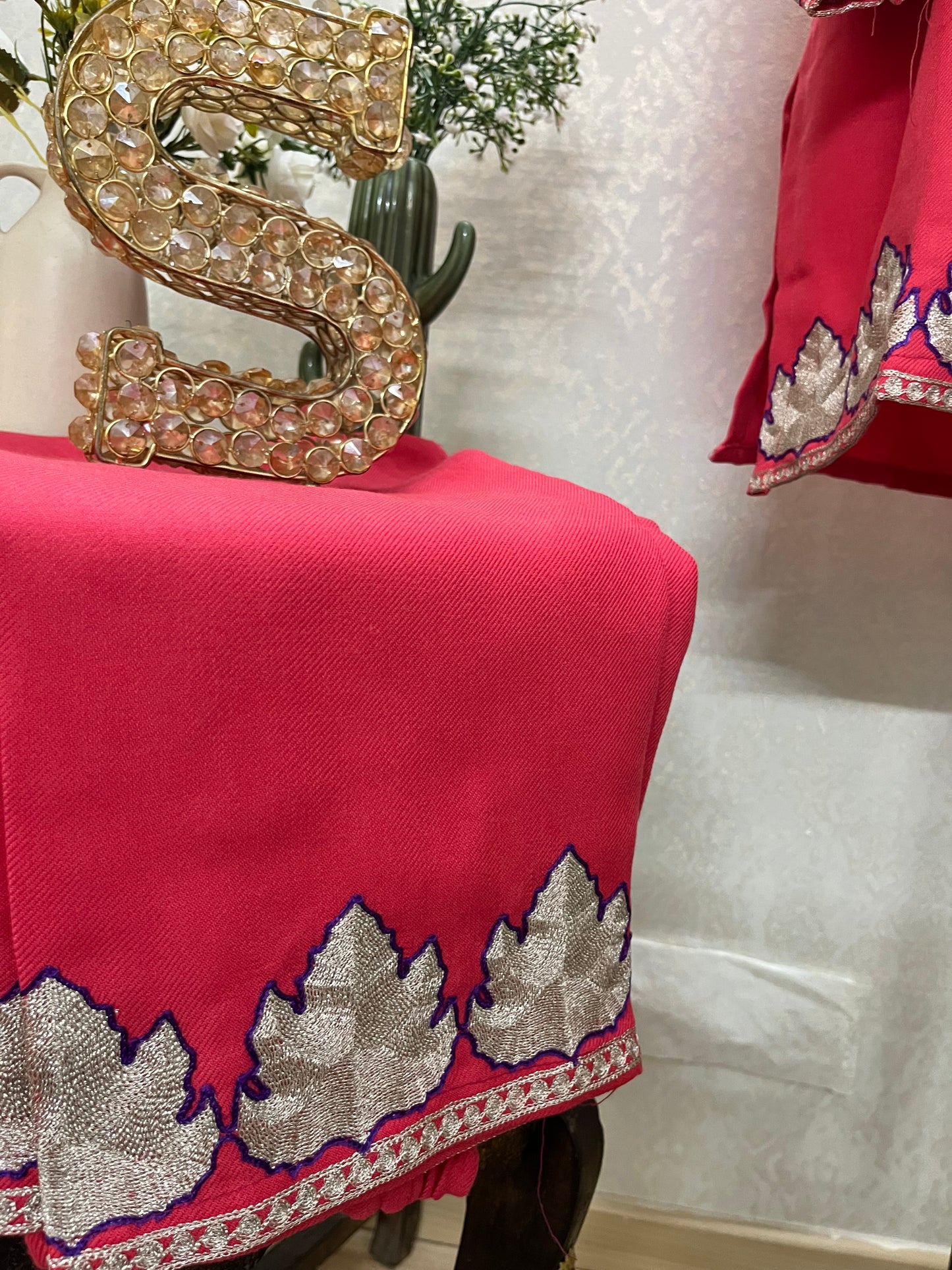 Carrot Pink Woollen Kashmiri Co-Ord Set ( Size 44)